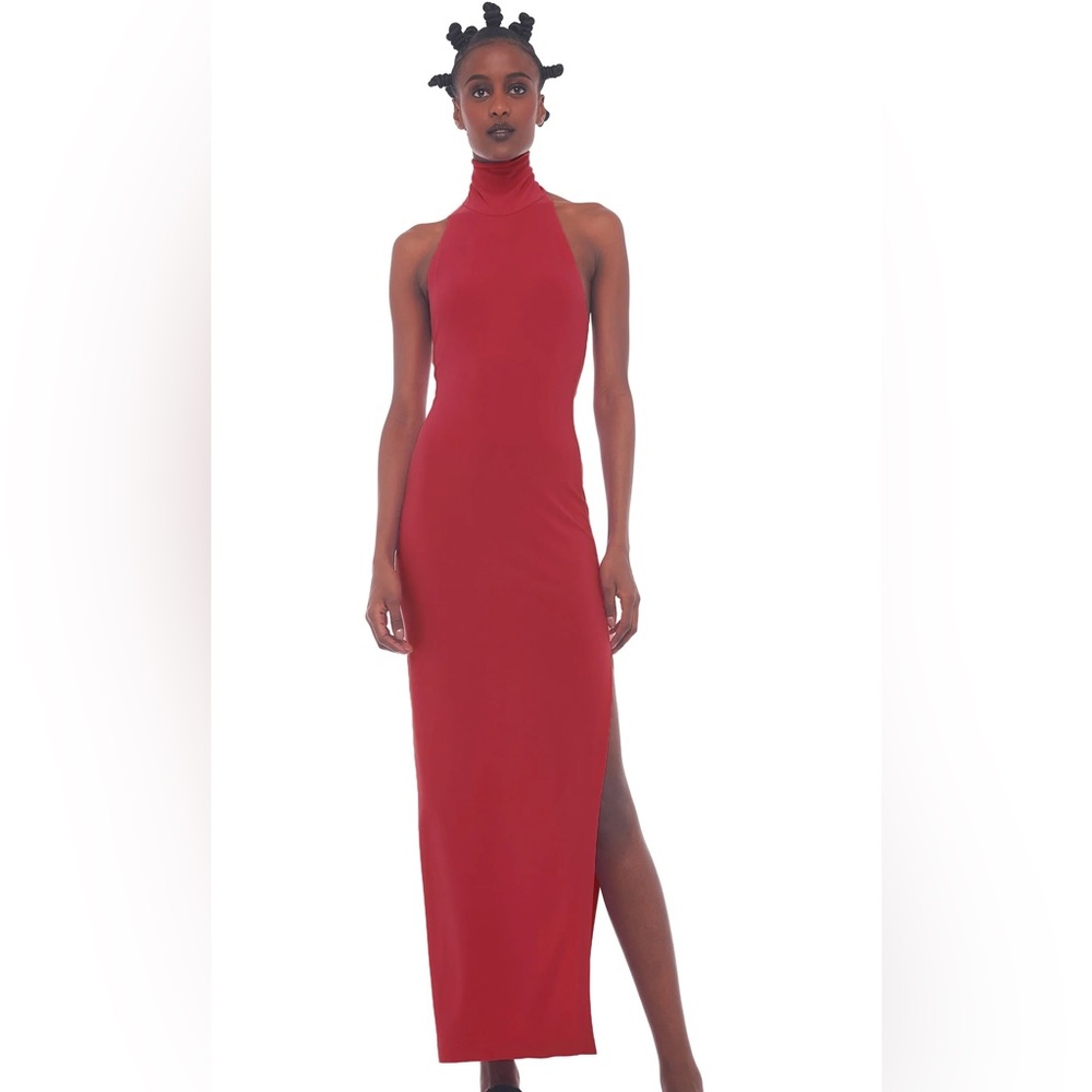 NORMA KAMALI Red Halter Turtleneck Side Slit Gown